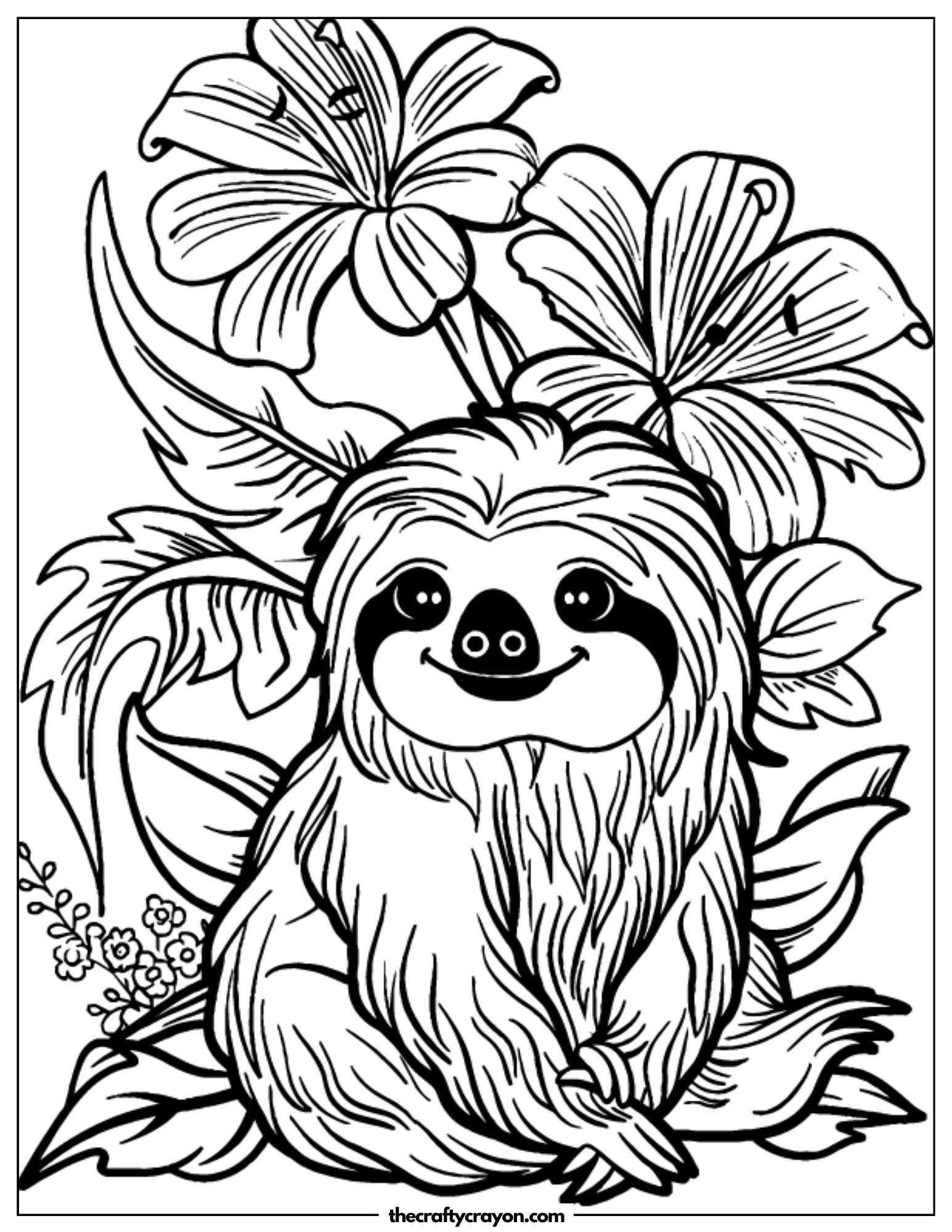 Sloth And Flowers Coloring Page