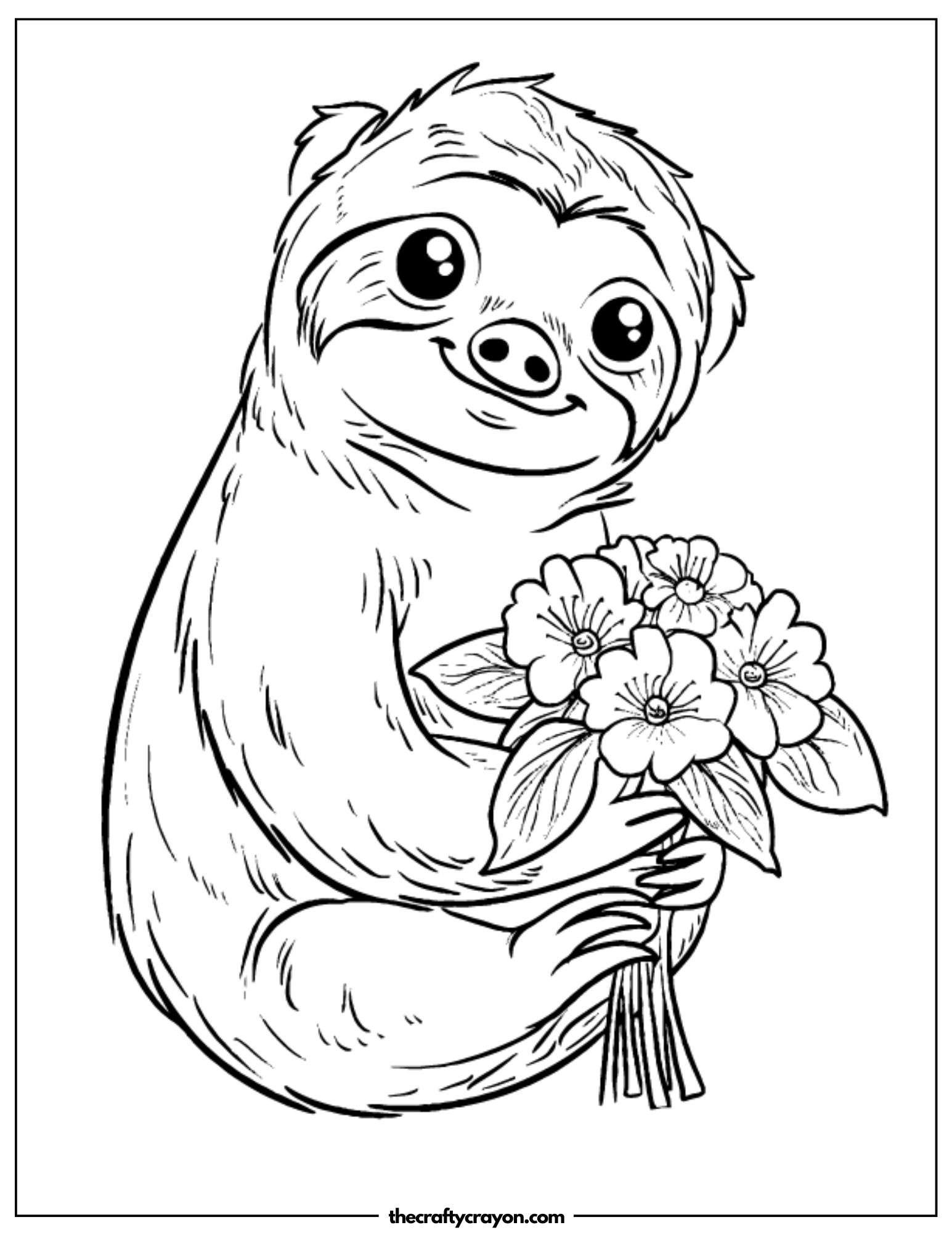 Sloth Holding A Flower Bouquet Coloring Page