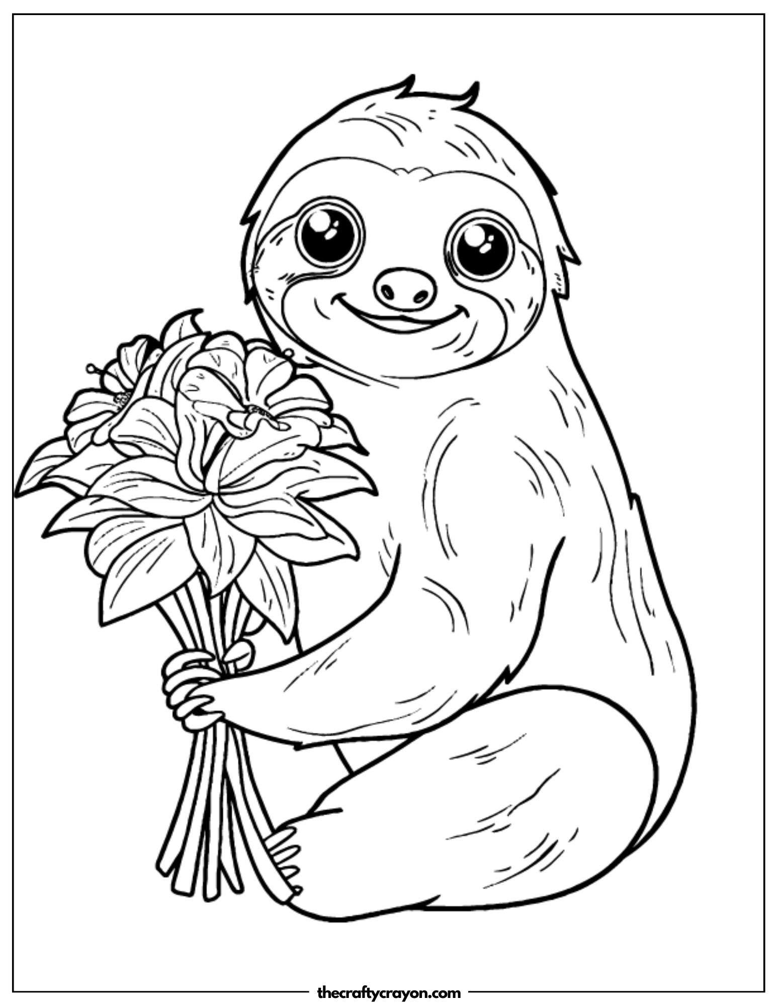 Sloth Holding Flowers Coloring Page