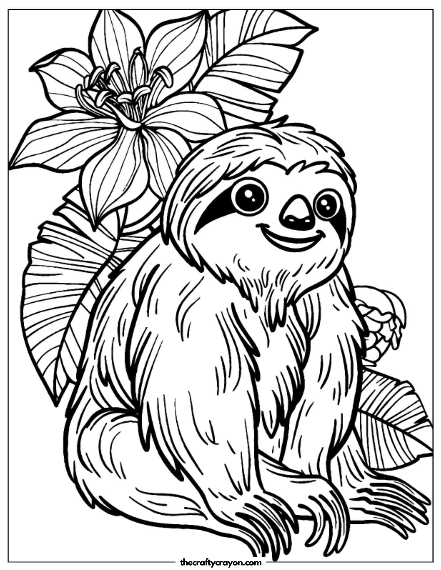 Sloth Sitting By Flowers Coloring Page