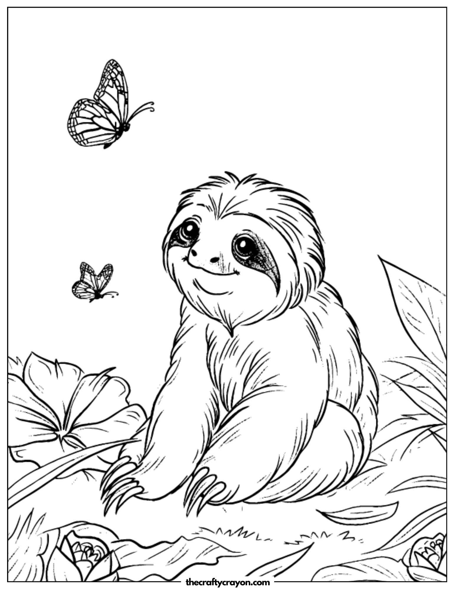 Sloth Watching Butterflies Coloring Page