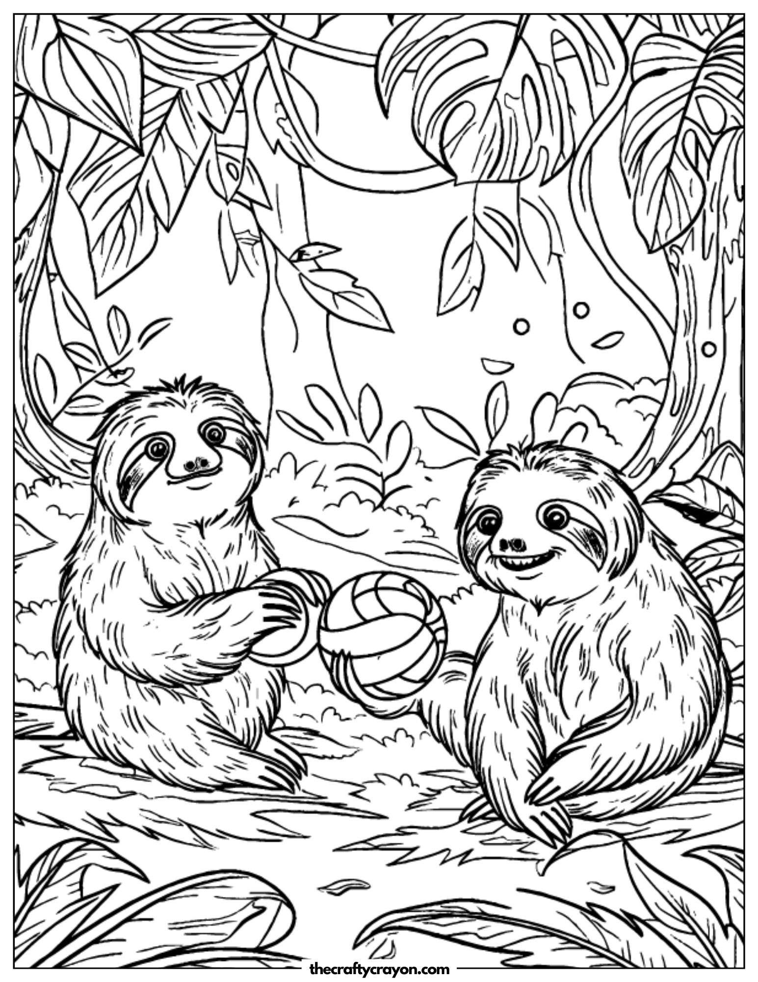 Sloths Playing In The Forest Coloring Page