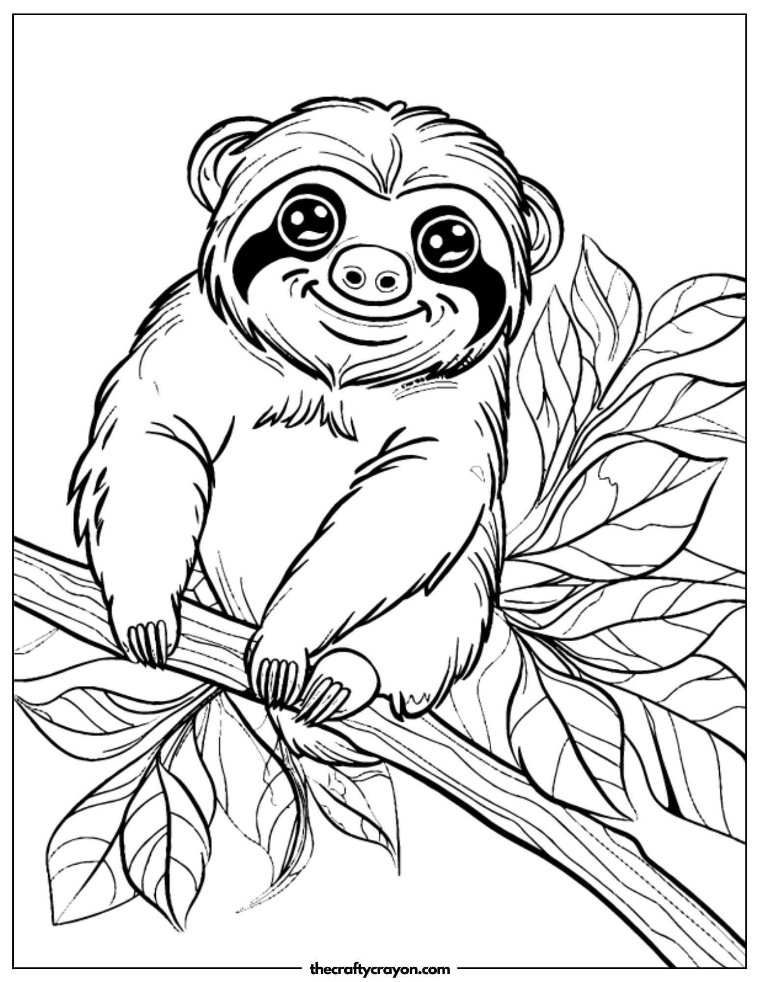 Smiling Sloth Hanging On A Tree Coloring Page