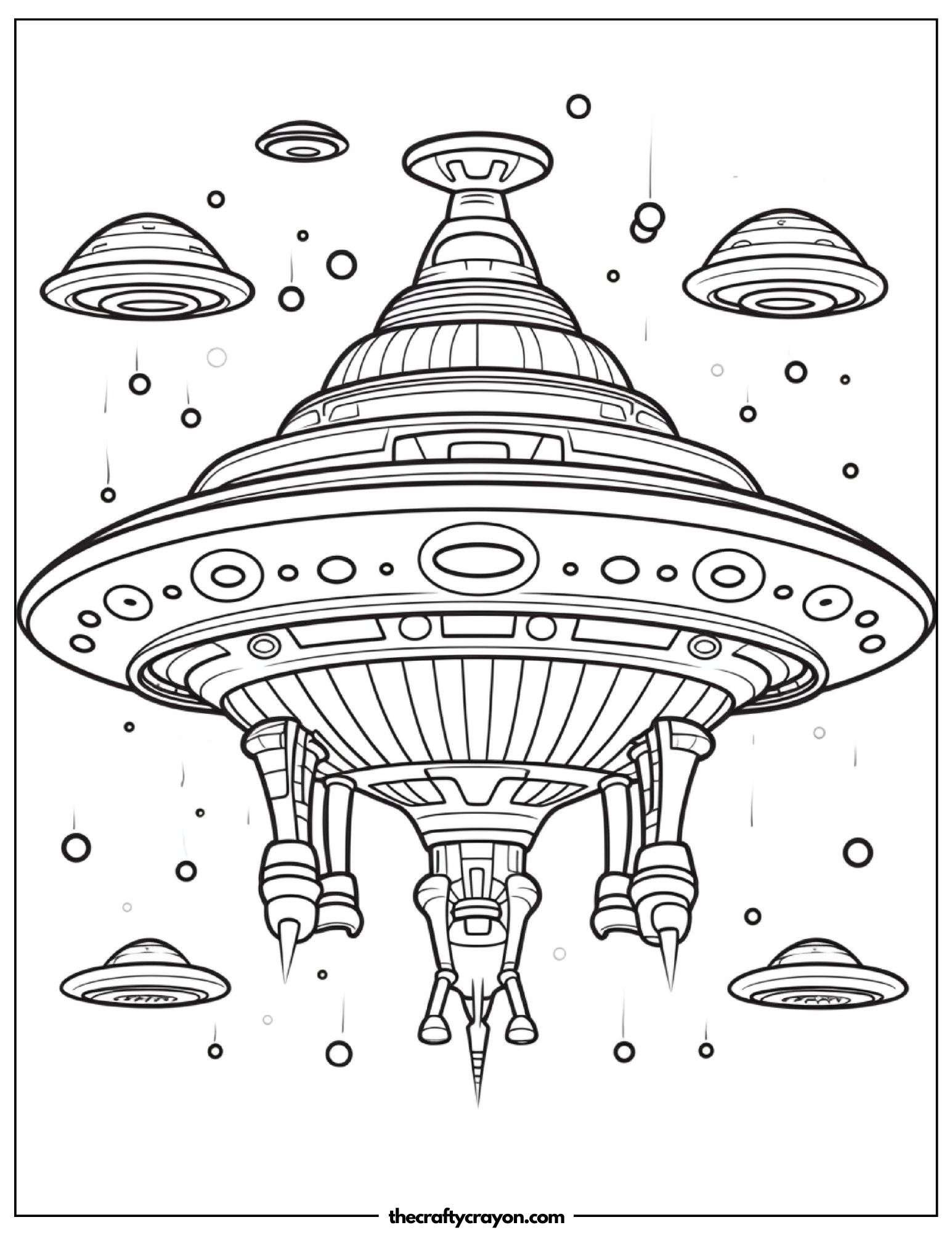 Spaceship Descending Onto A Space Colony Coloring Page