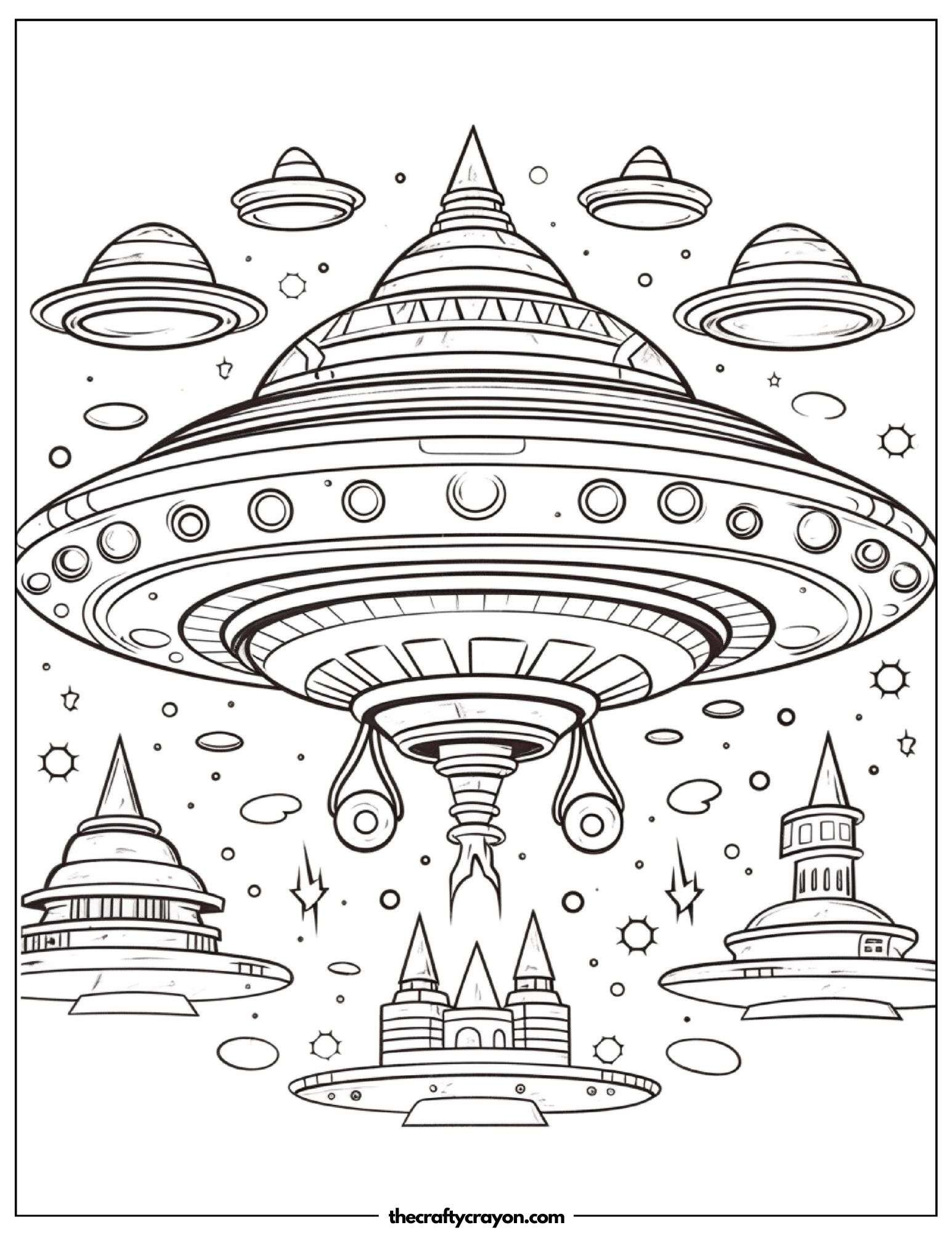 Spaceship Floating Above A Sci-Fi City Coloring Page