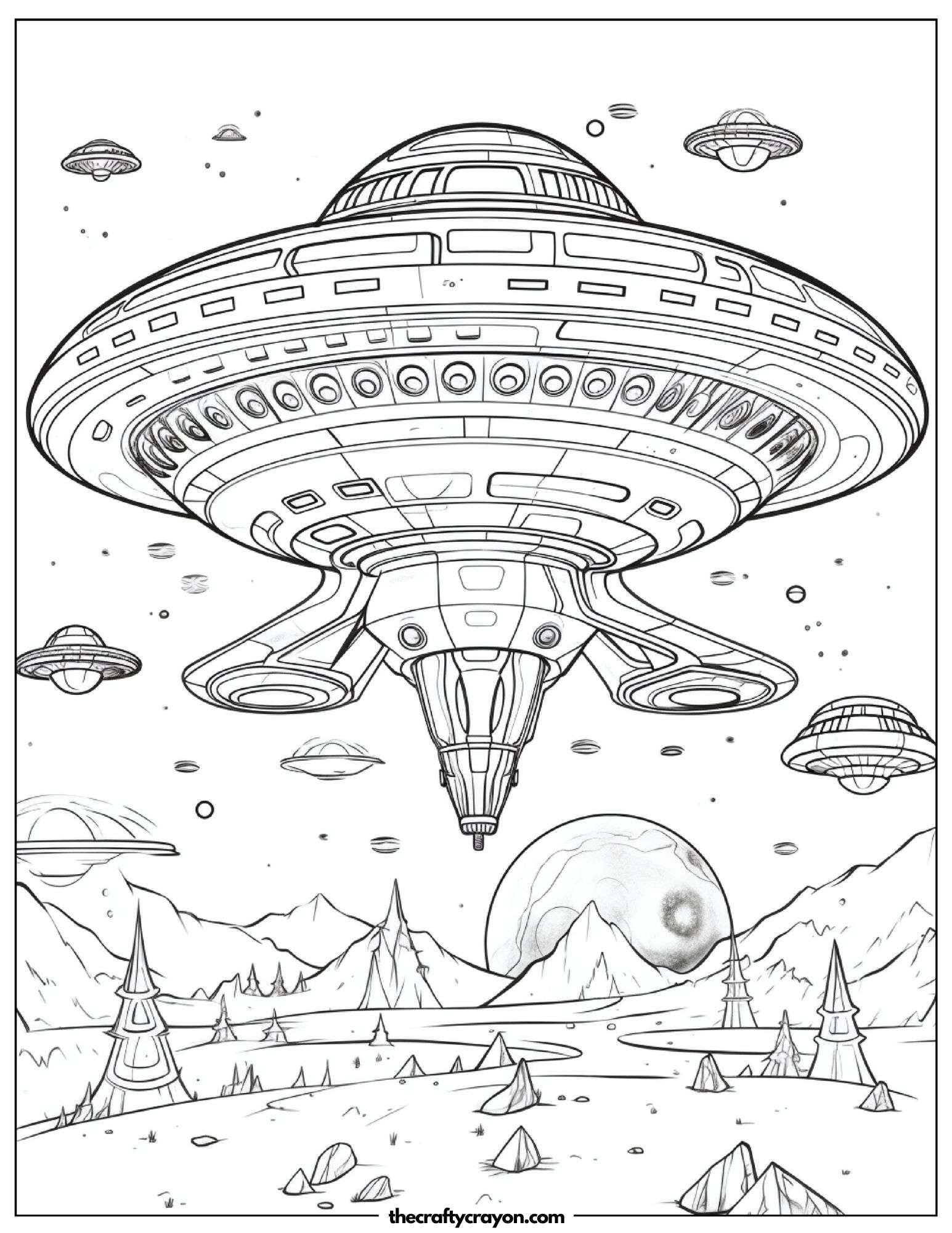 Spaceship Hovering Near A Distant Moon Coloring Page