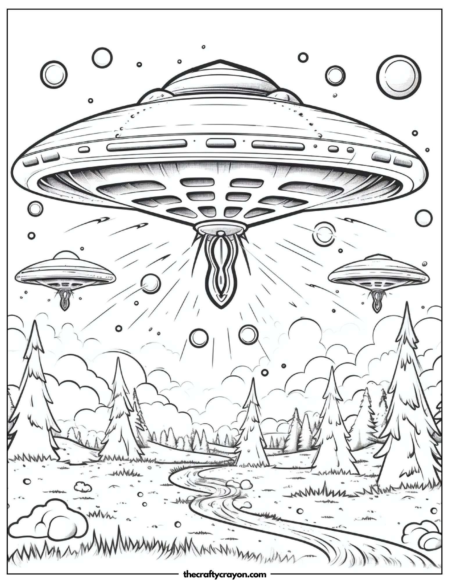 Spaceship Landing In A Forest Coloring Page