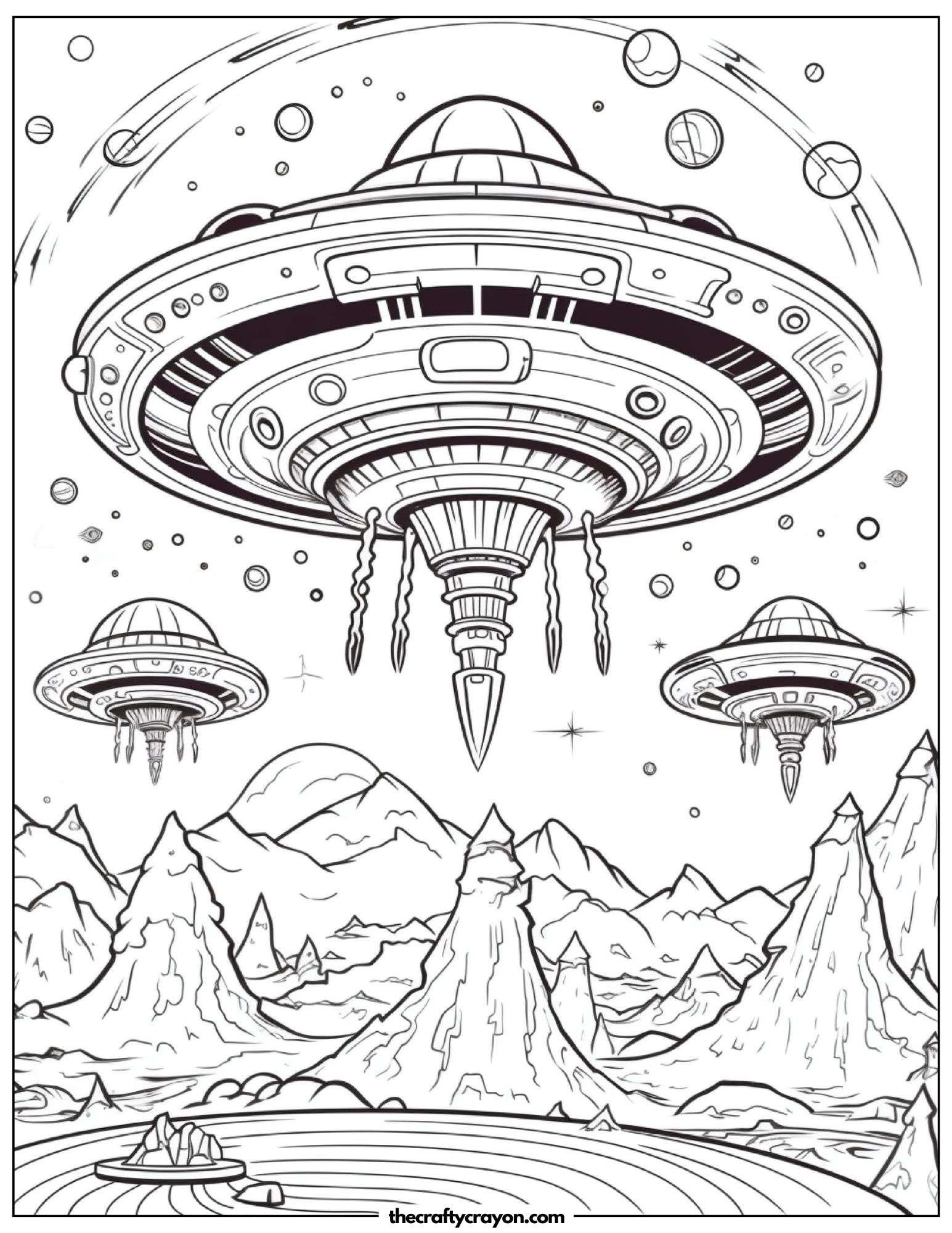 Spaceship Surrounded By Floating Planets Coloring Page