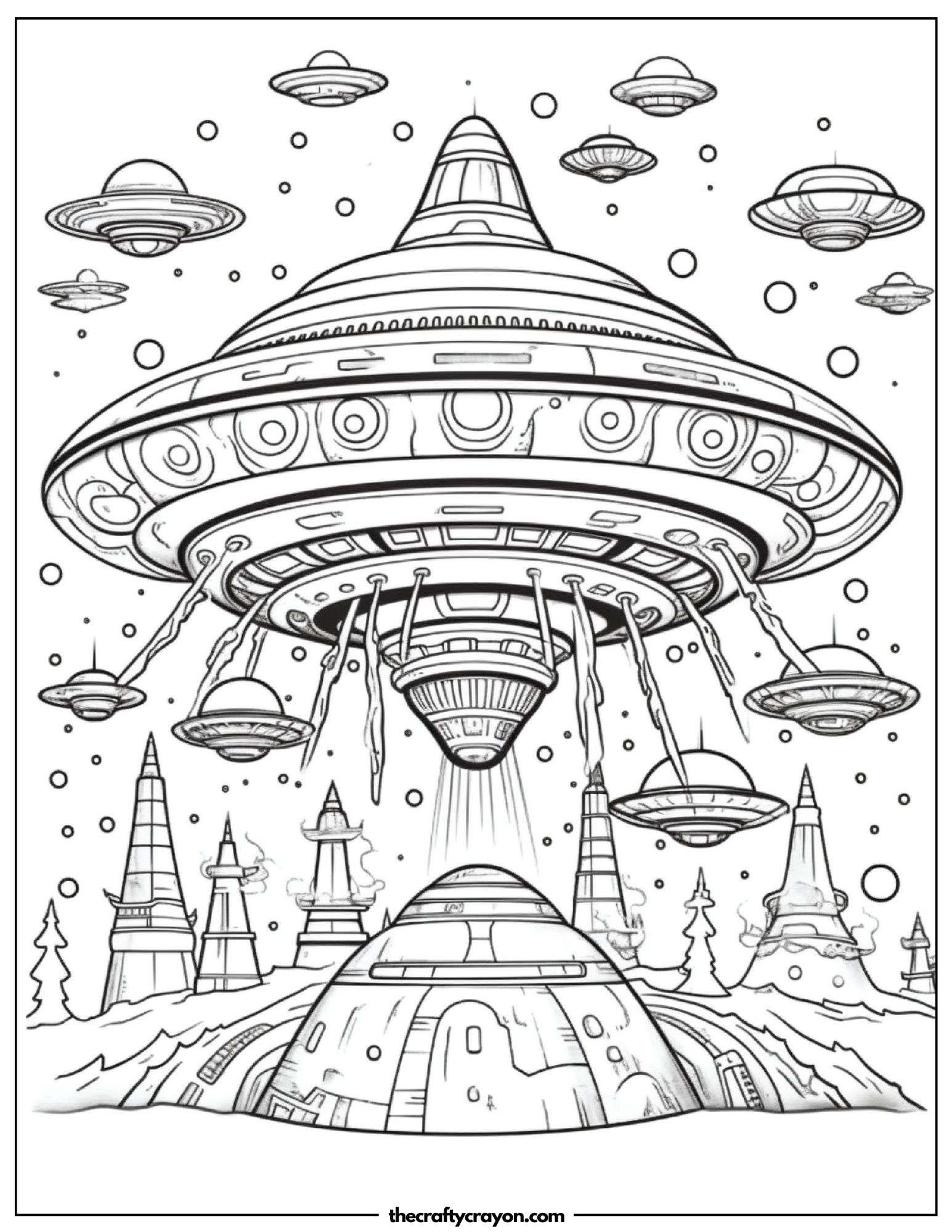 Spaceships Flying Over A Futuristic City Coloring Page