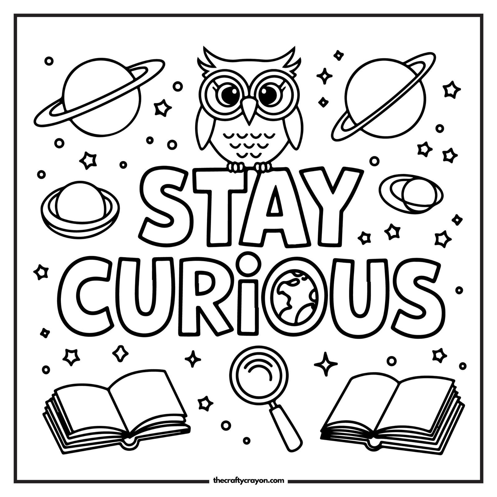 Stay Curious Owl And Books Coloring Page