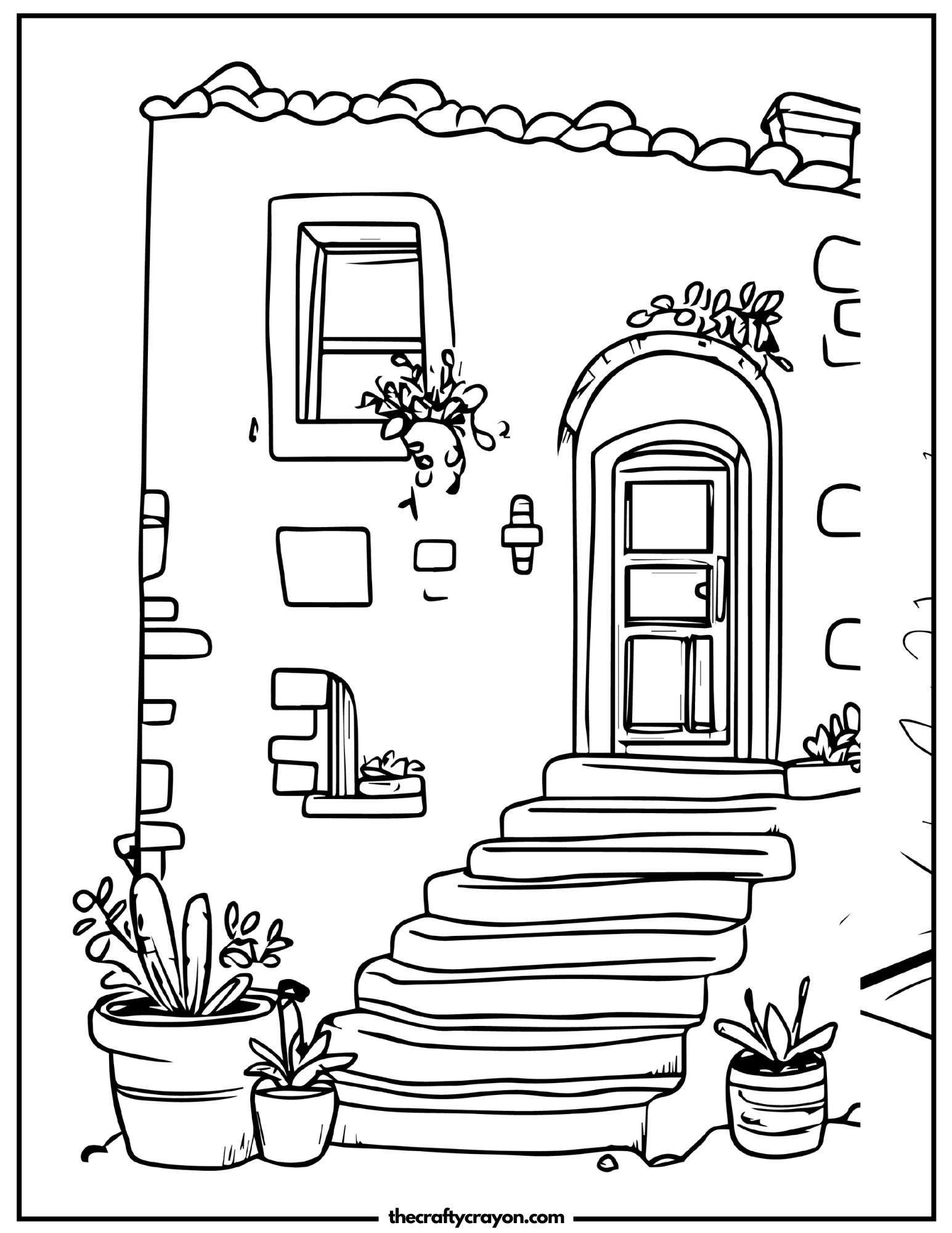 Stone house entrance with staircase and plants