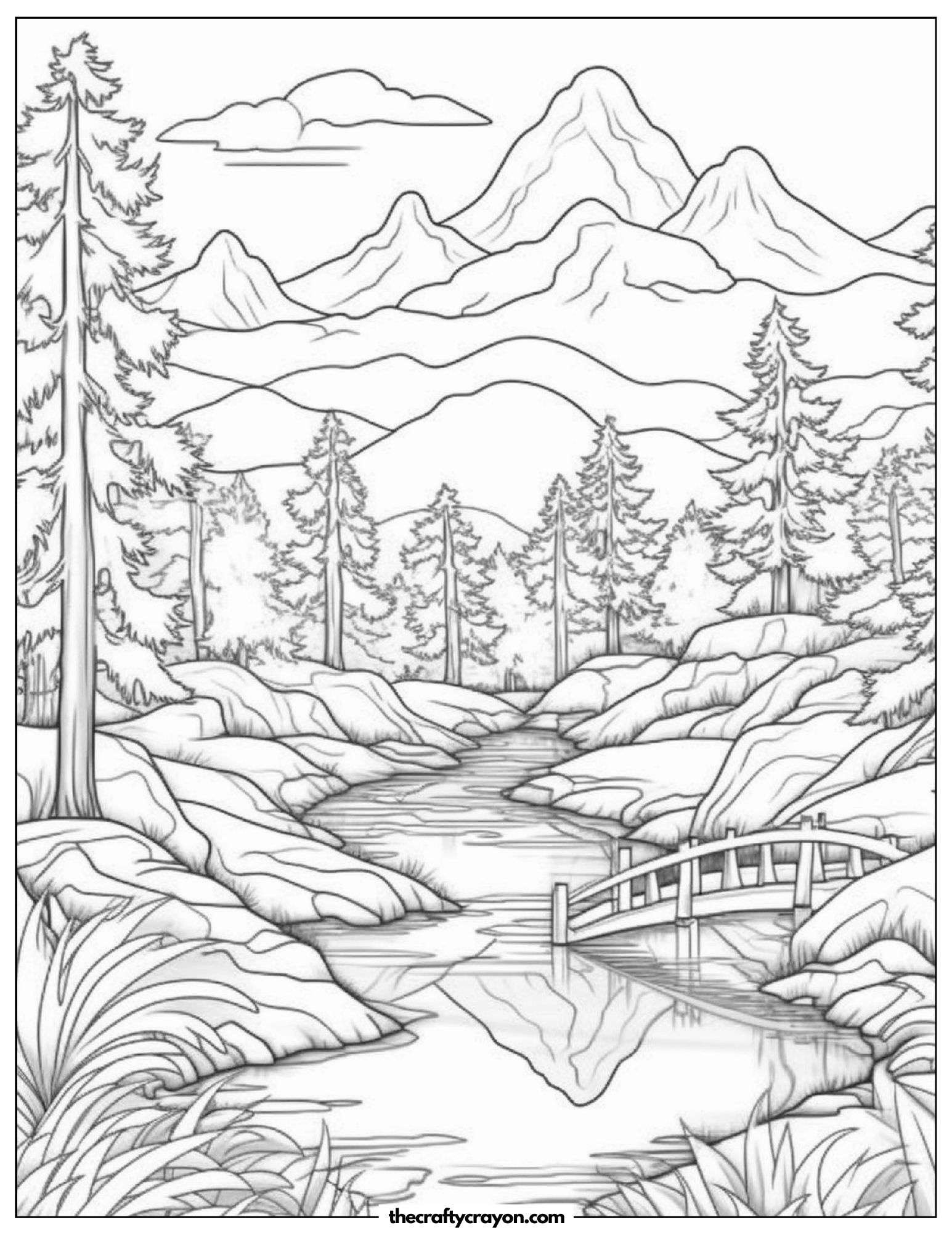 Tranquil River Flowing Through The Mountains Coloring Page