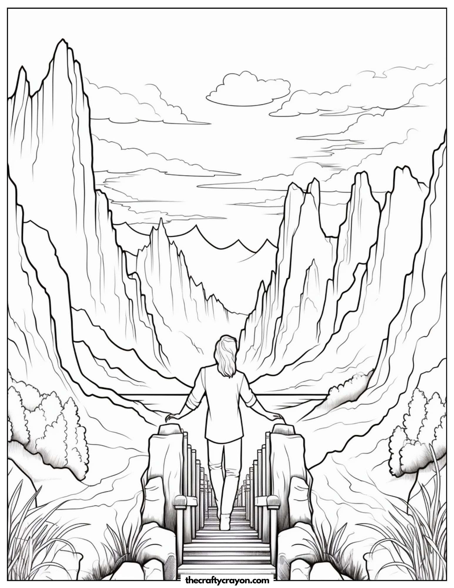 Walking On A Bridge In The Mountains Coloring Page