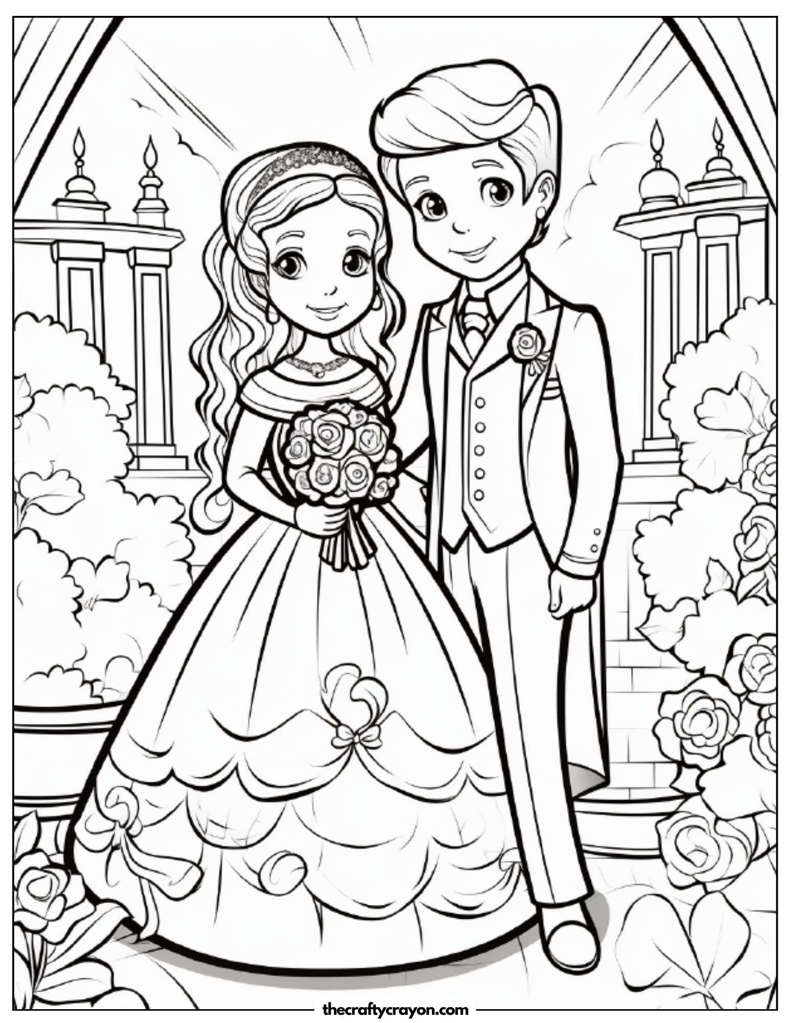 Wedding Couple Standing In Front Of Castle Coloring Page