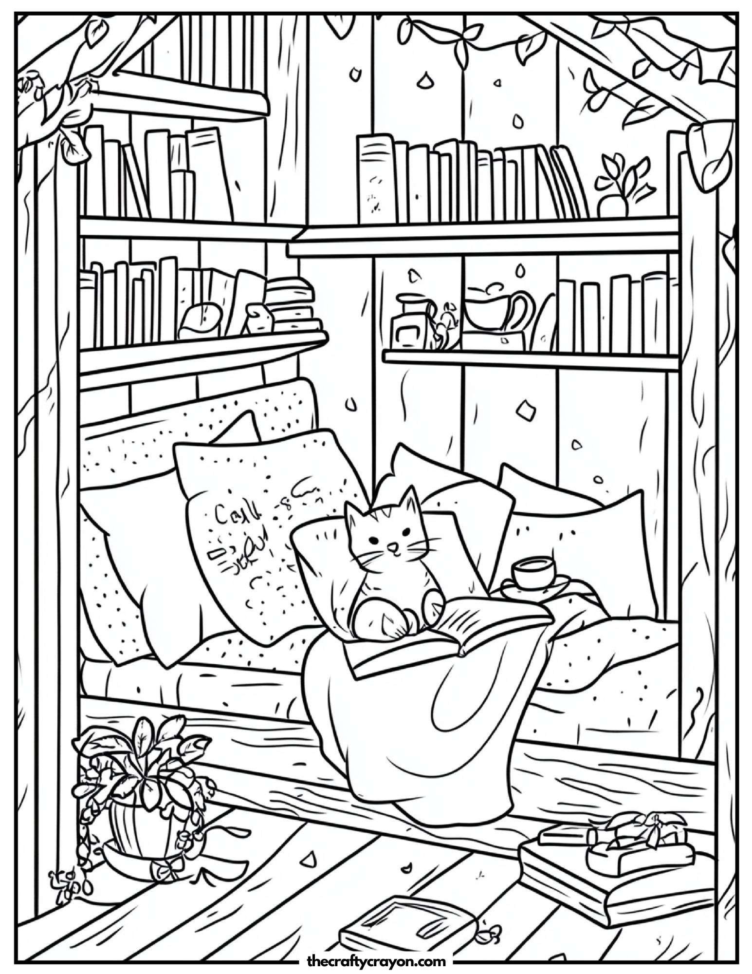 Whimsical reading nook with a cat and books