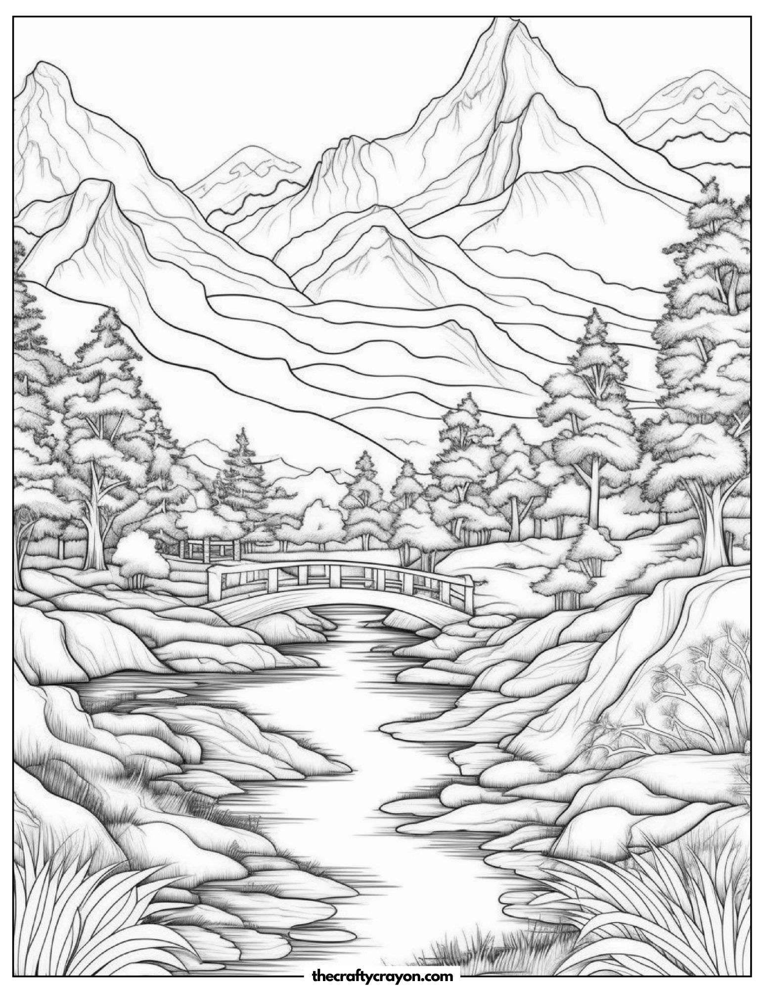 Wooden Bridge Over A Mountain Stream Coloring Page