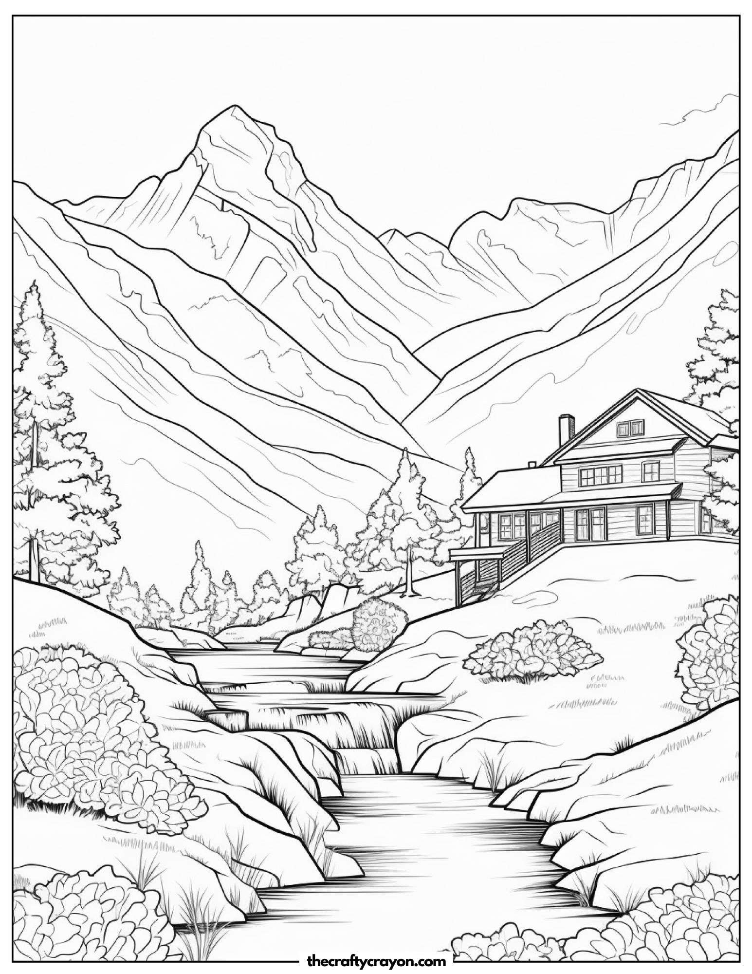 Wooden Cabin Overlooking A Mountain Lake Coloring Page