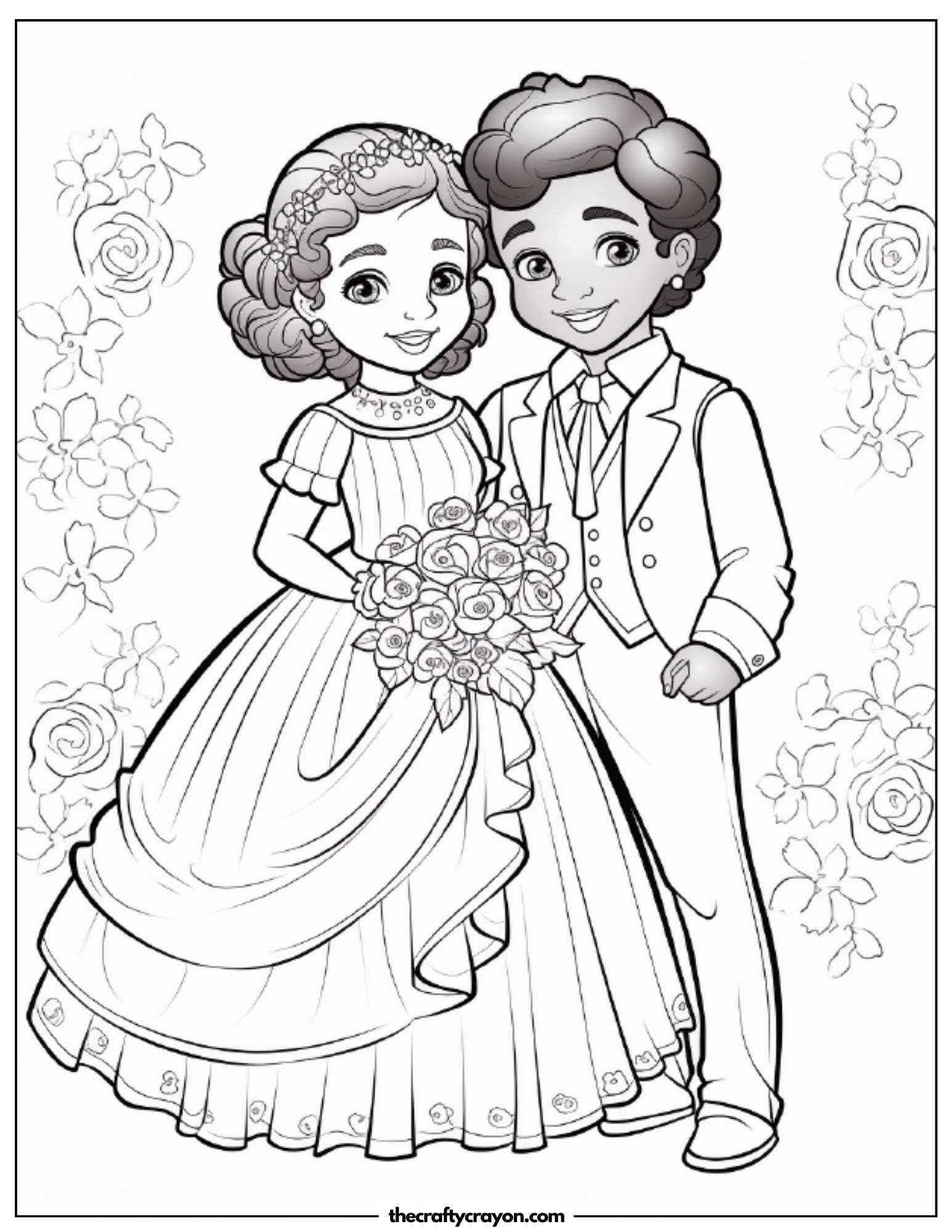Young Wedding Couple Smiling With Roses Coloring Page